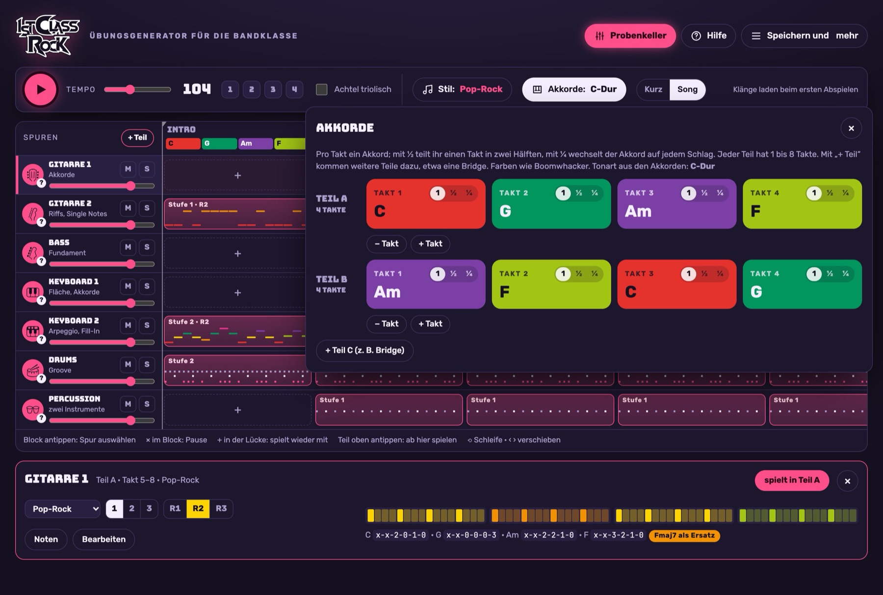 Screenshot: Studio-Ansicht mit geöffneten Akkordfeldern für Teil A und Teil B