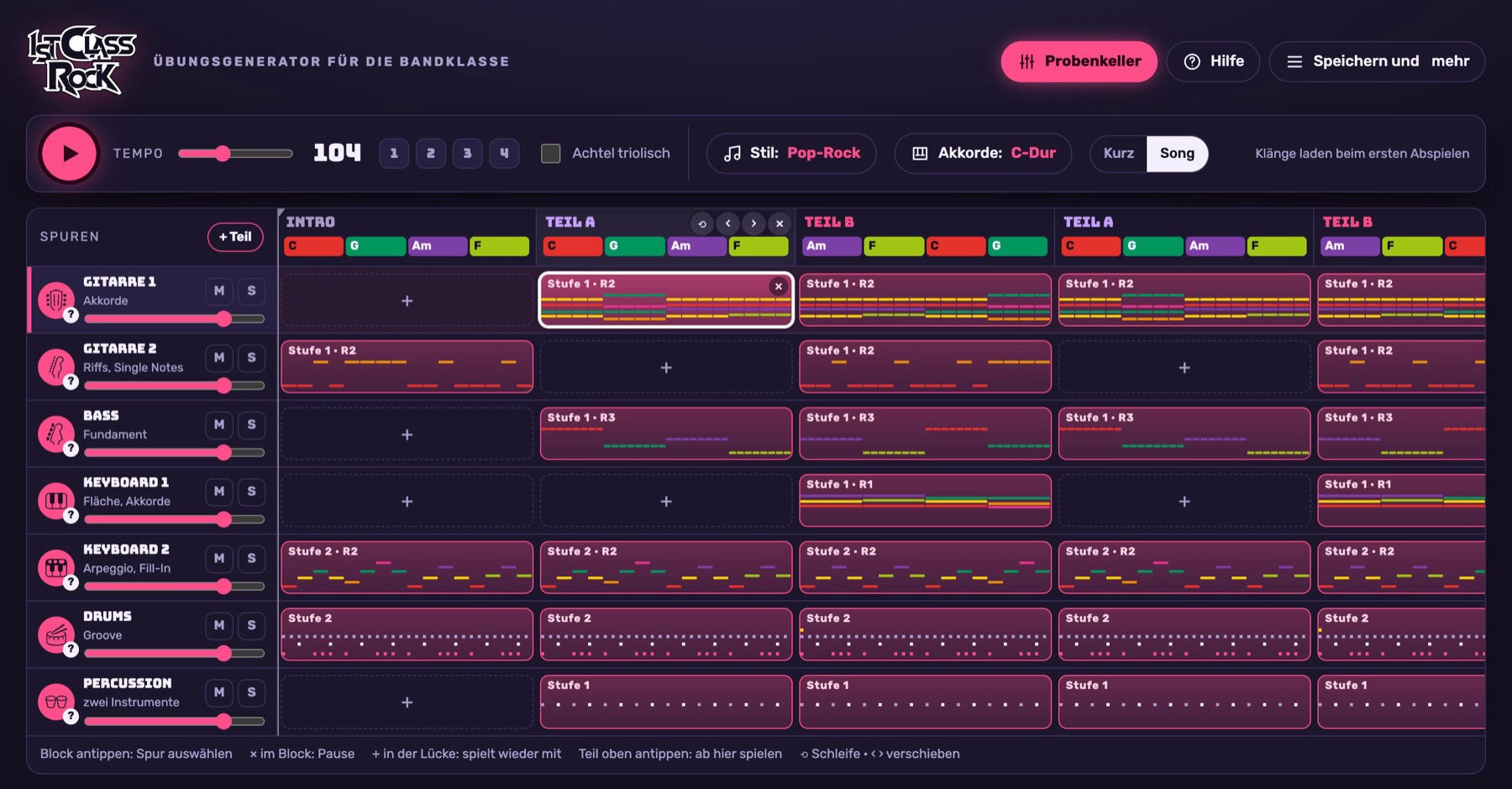 Screenshot: Studio-Ansicht: sieben Spuren als Blöcke über Intro, Teil A und Teil B