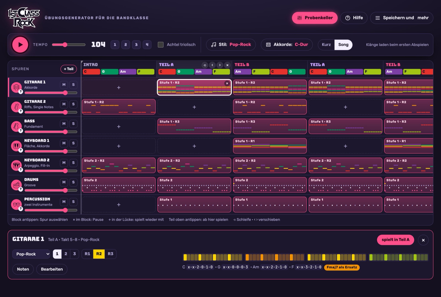 Screenshot: Studio-Ansicht mit ausgewählter Spur Gitarre 1 und ihren Einstellungen Stufe und Rhythmus